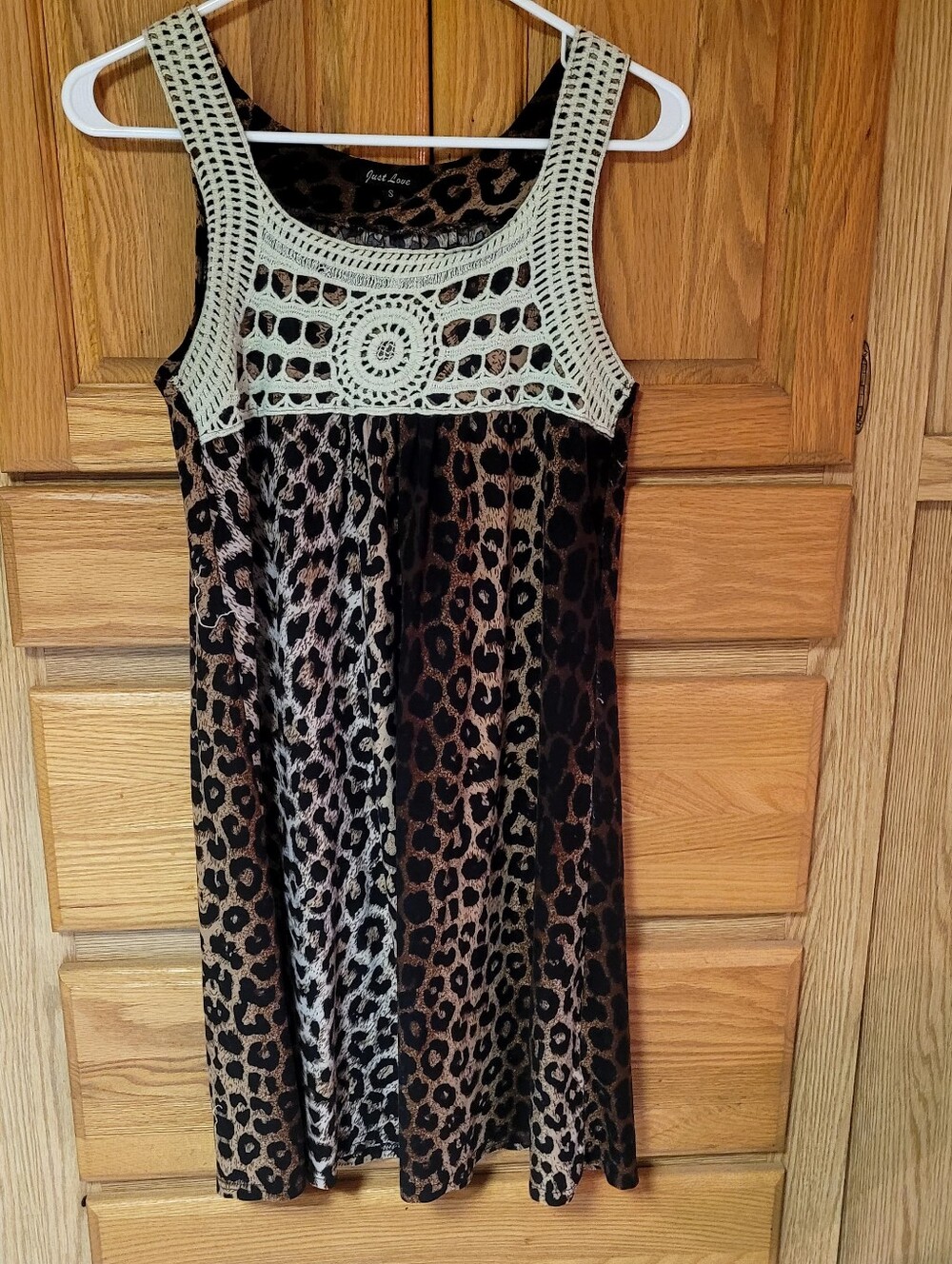 Fun Leopard Print A-Line Tunic Dress with Crochet Detail, Size S